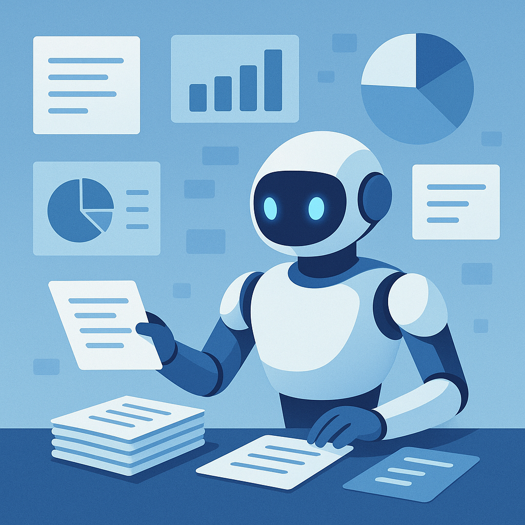 AI robot organizing documents and charts, in variants of Xpolicy blue colors, flat vector style.